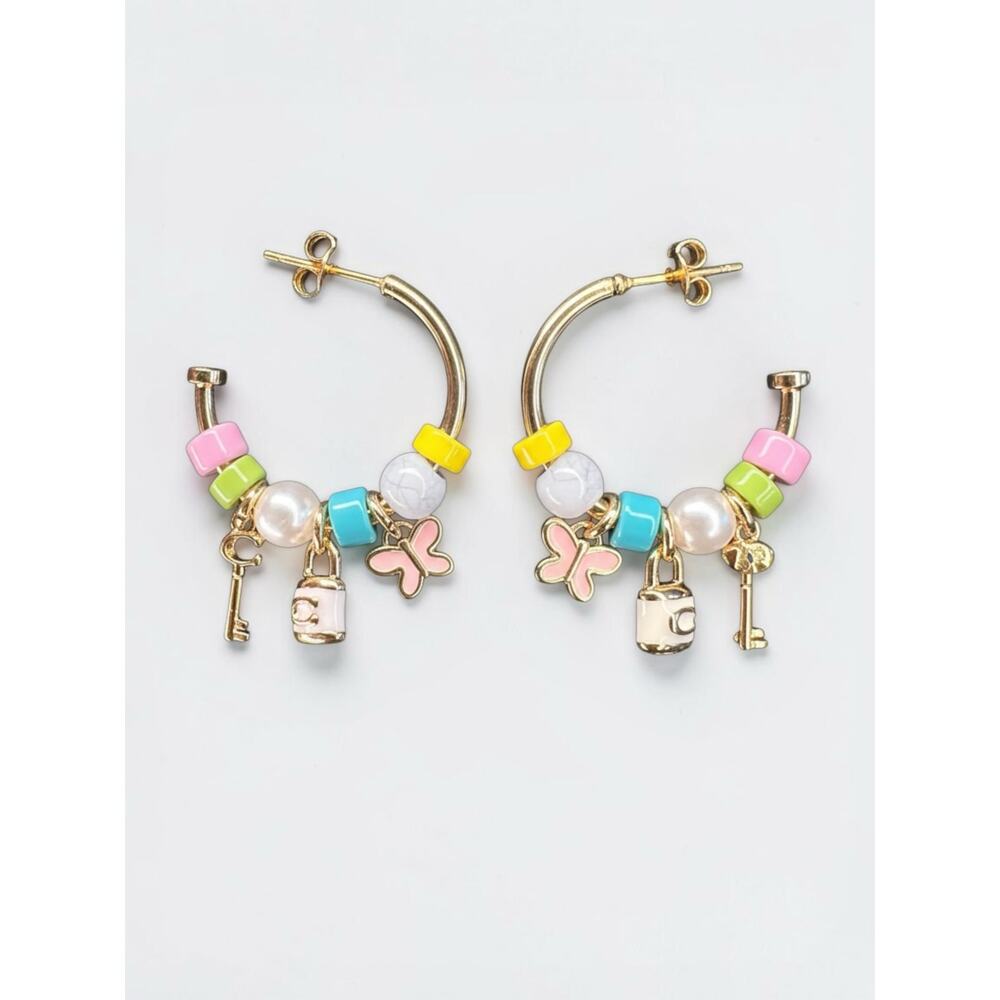 NWT Coach Padlock Multi Charm Huggie Earrings  Gold Beaded Butterfly Key Logo - Picture 2 of 6